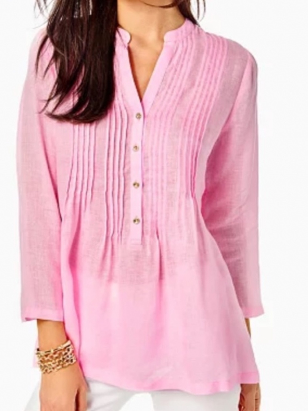 Lilly Pulitzer Sarasota Tunic Top 100% Linen Sz XS Pink 3/4 Sleeves Style 010534